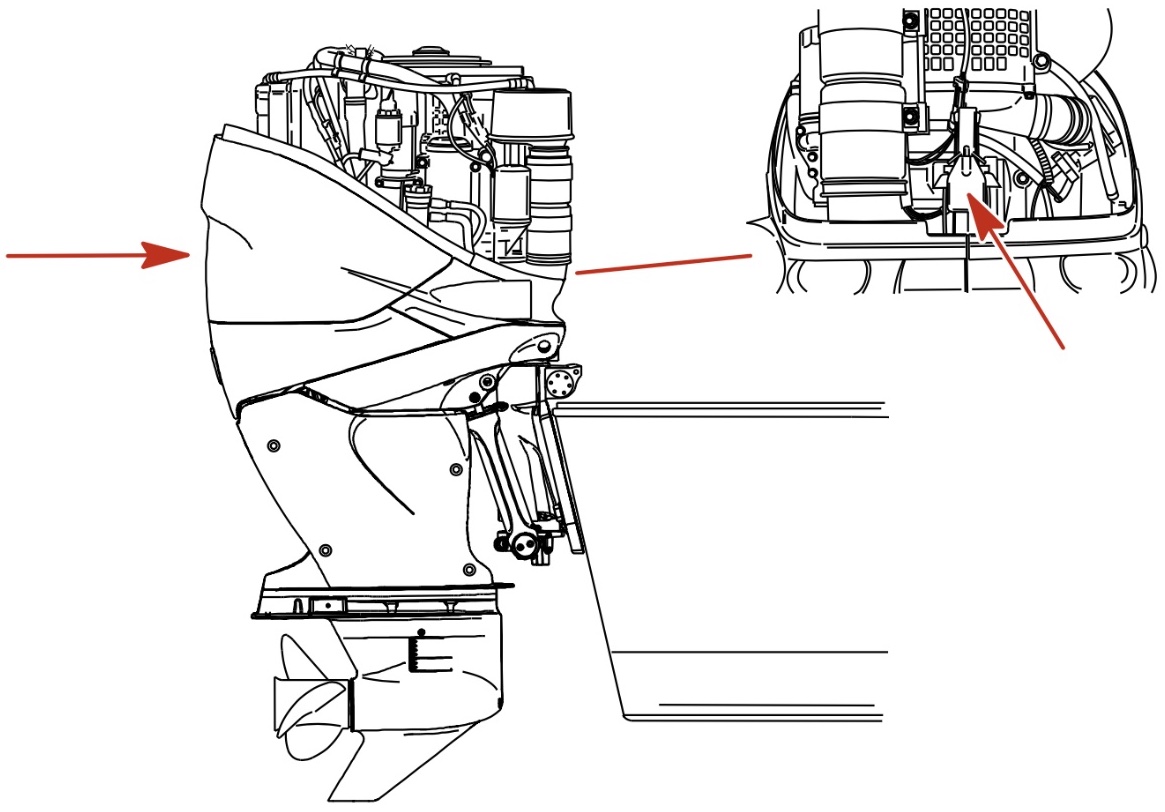 Lock cowl in place by pulling Mercury Verado lower cowl latch down 2003 2004 2005 2006